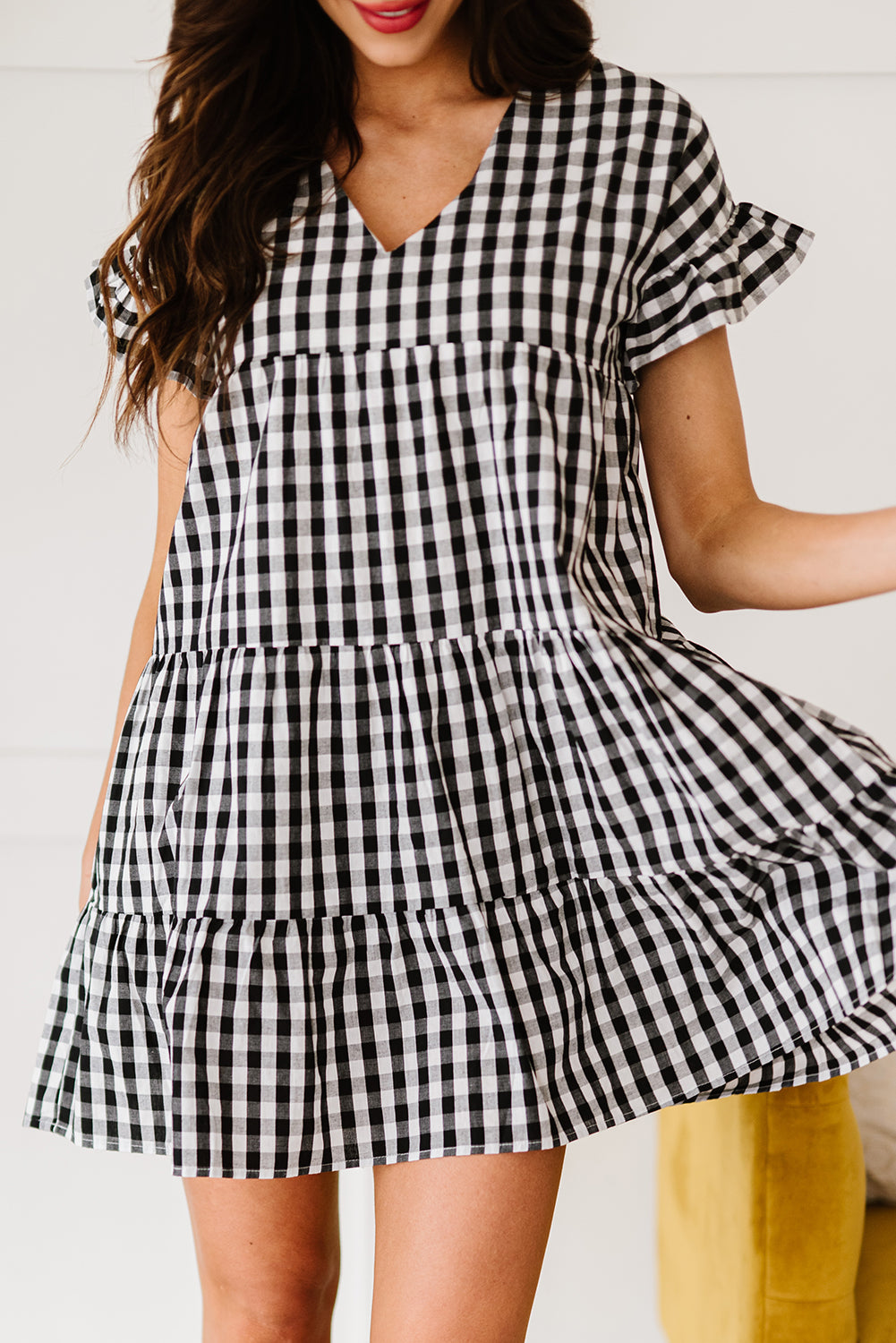 Black Ruffled Short Sleeves Plaid Print Tiered Swing Dress