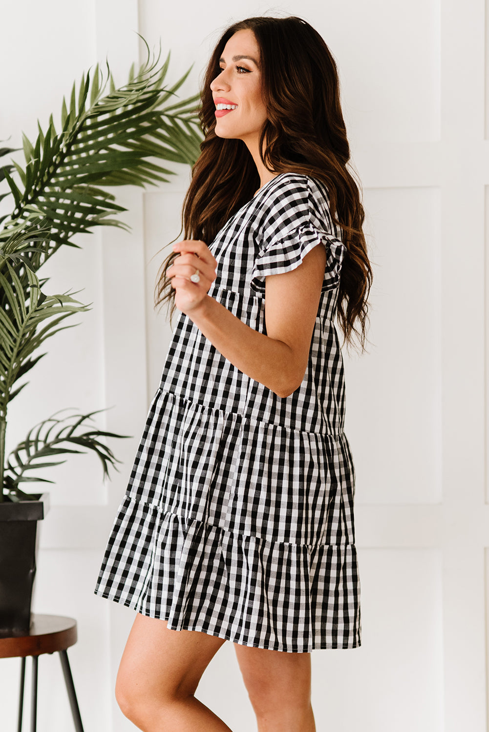 Black Ruffled Short Sleeves Plaid Print Tiered Swing Dress