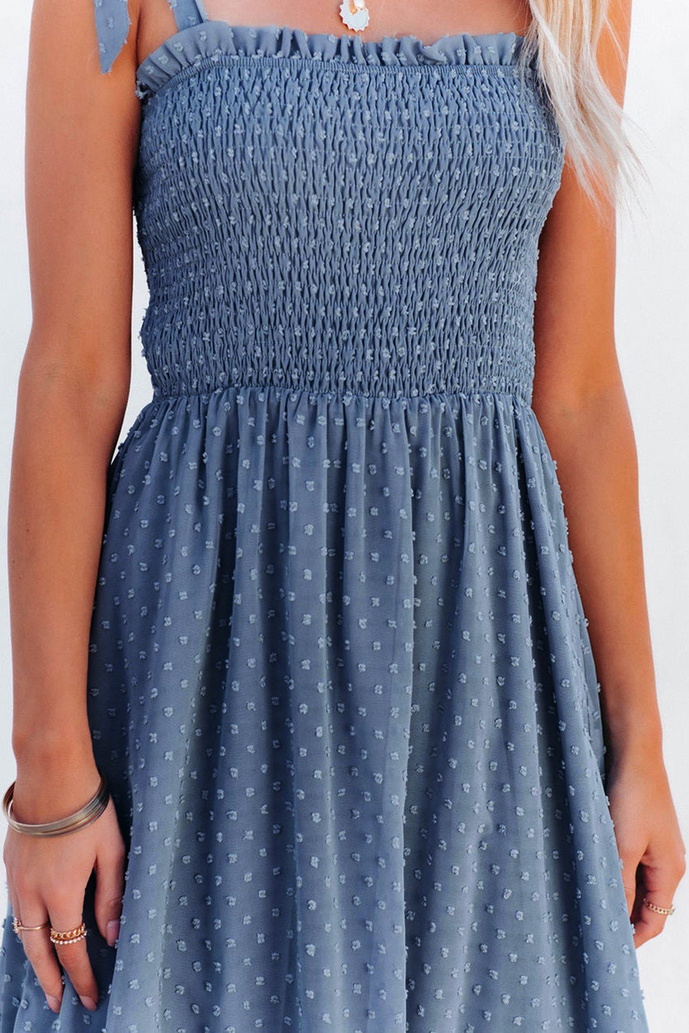 Sky Blue Smocked Swiss Dot Maxi Dress