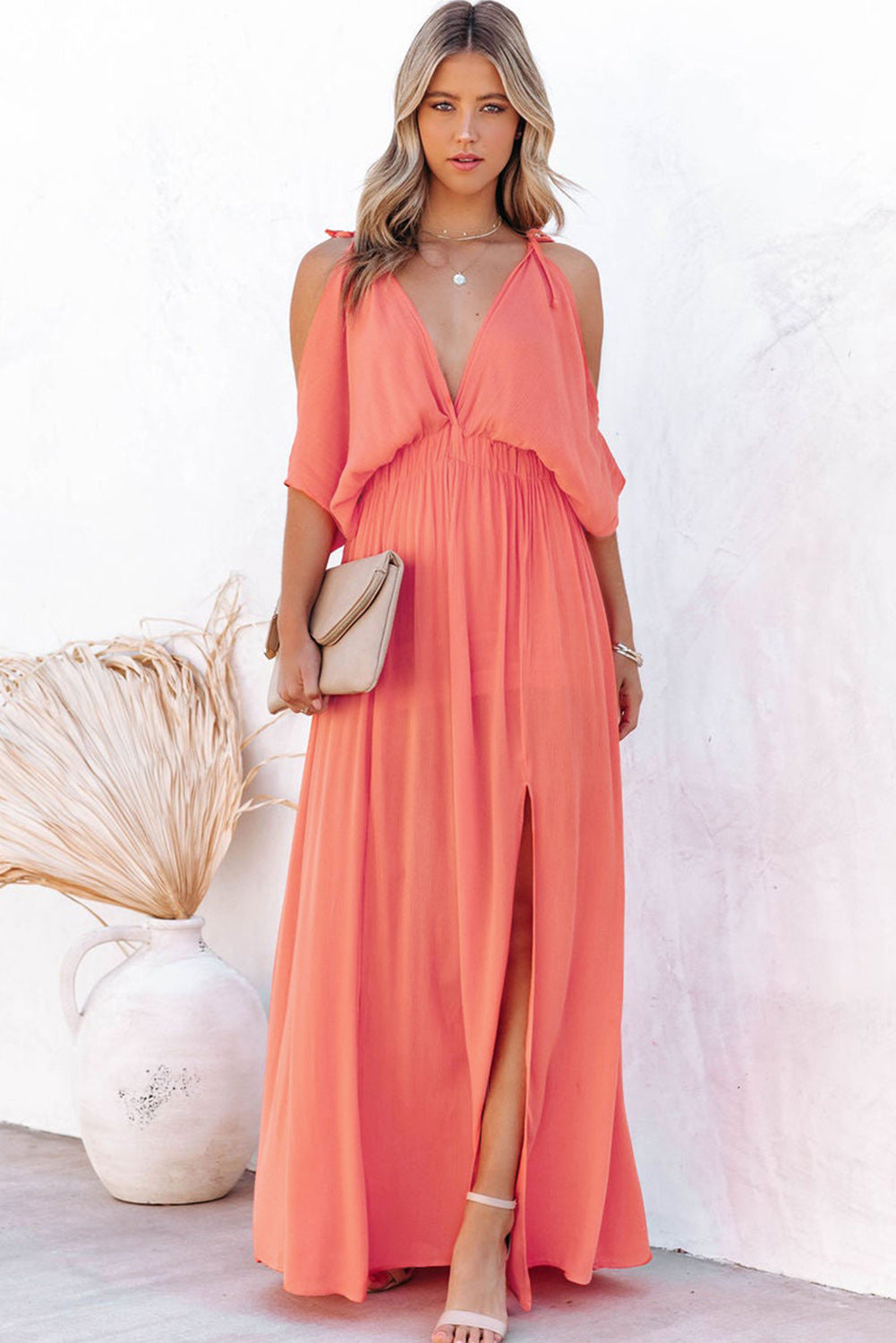 Orange Cold Shoulder Side Slit Backless Deep V Neck Maxi Dress