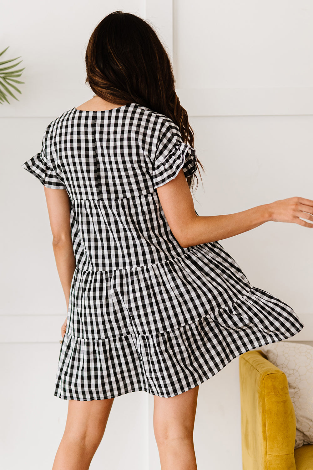 Black Ruffled Short Sleeves Plaid Print Tiered Swing Dress