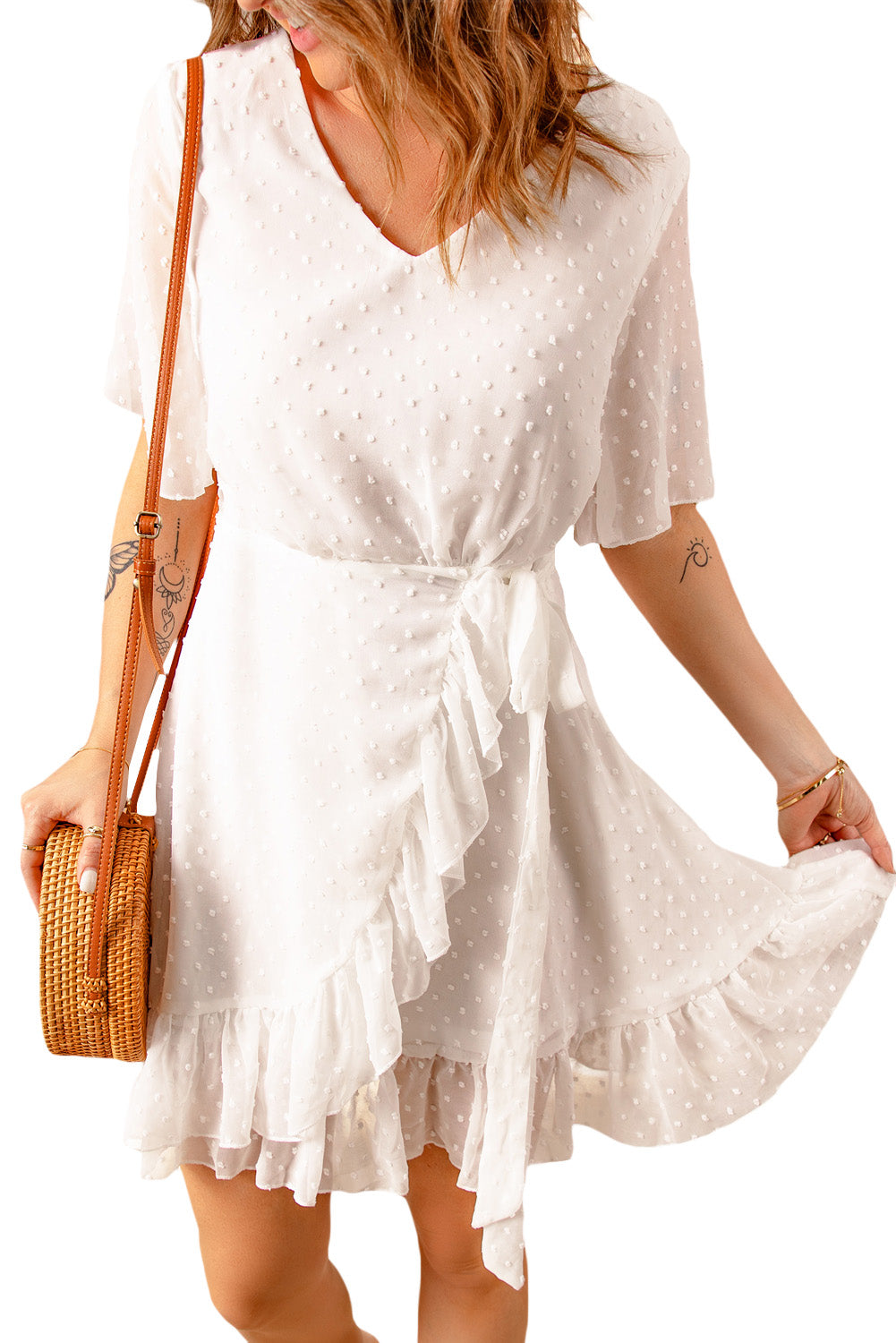 White Swiss Dot Ruffle Hem Short Dress