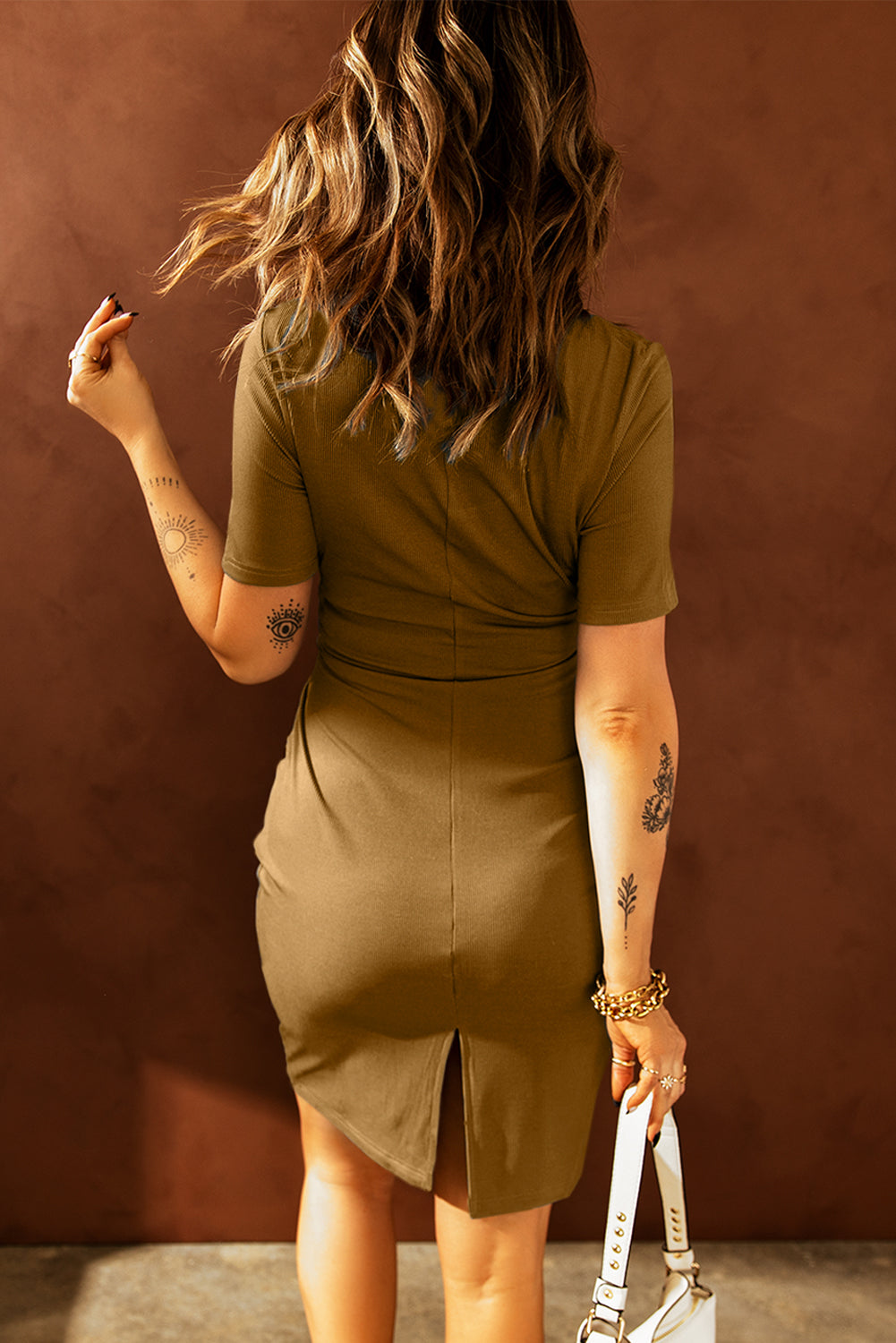 Brown Tie Front Knit Midi Dress
