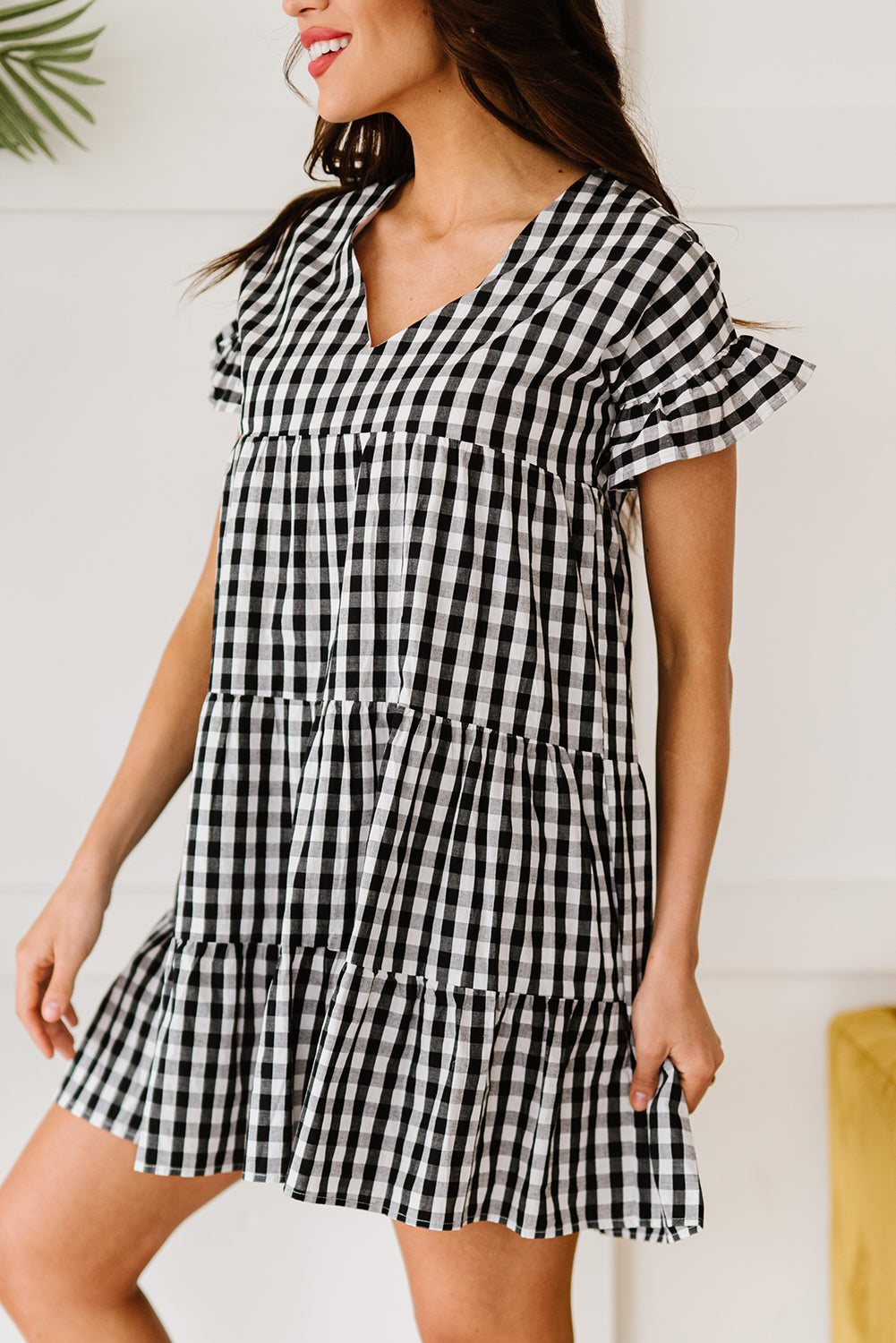 Black Ruffled Short Sleeves Plaid Print Tiered Swing Dress