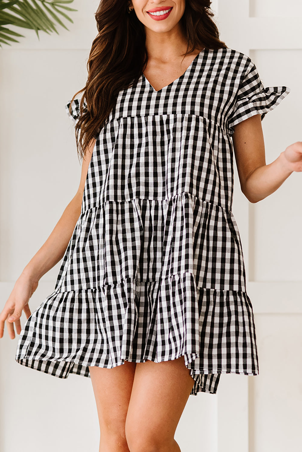 Black Ruffled Short Sleeves Plaid Print Tiered Swing Dress