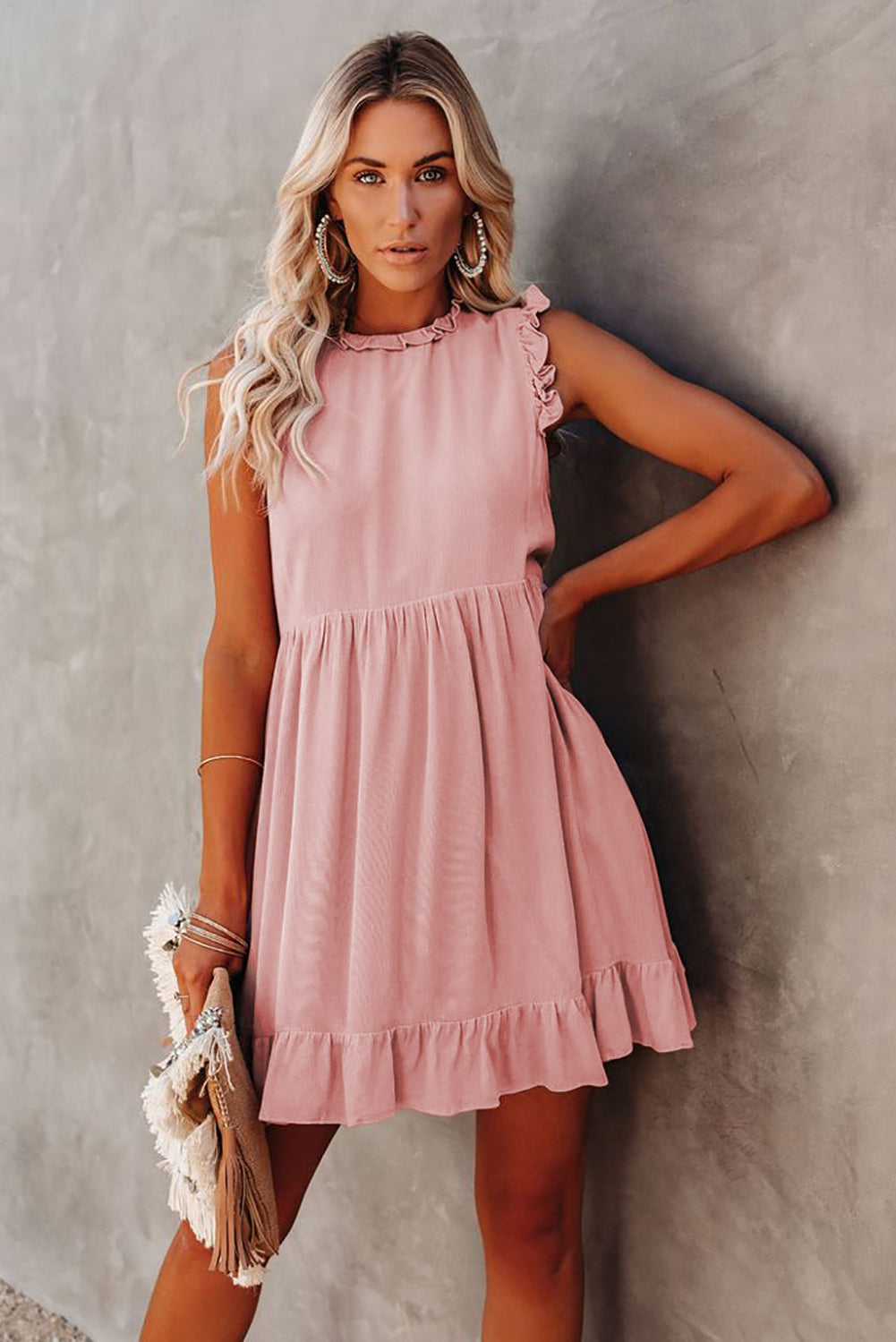 Pink Pocketed Ruffle Babydoll Dress
