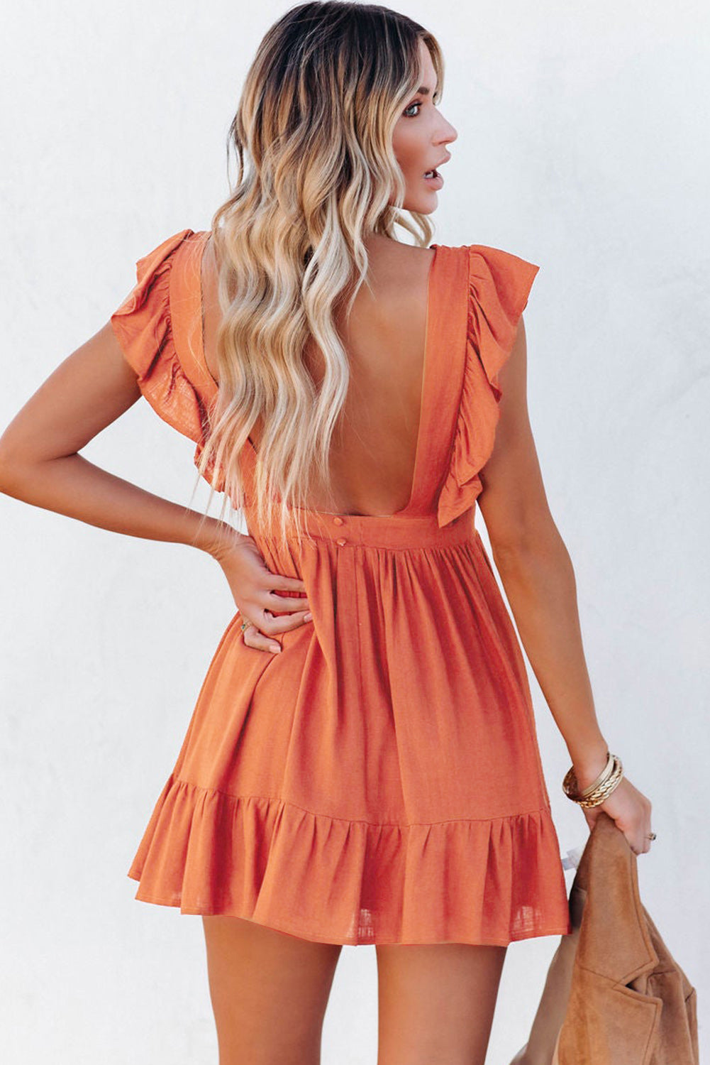 Orange V Neck Ruffles Open Back A-line Mini Dress