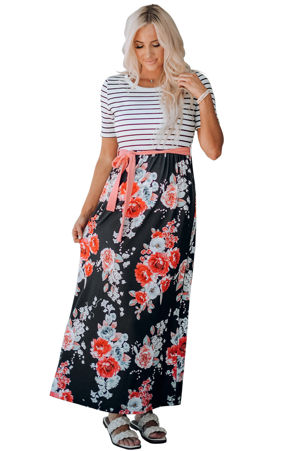 Floral Striped Color Block Lace-up High Waist Maxi Dress