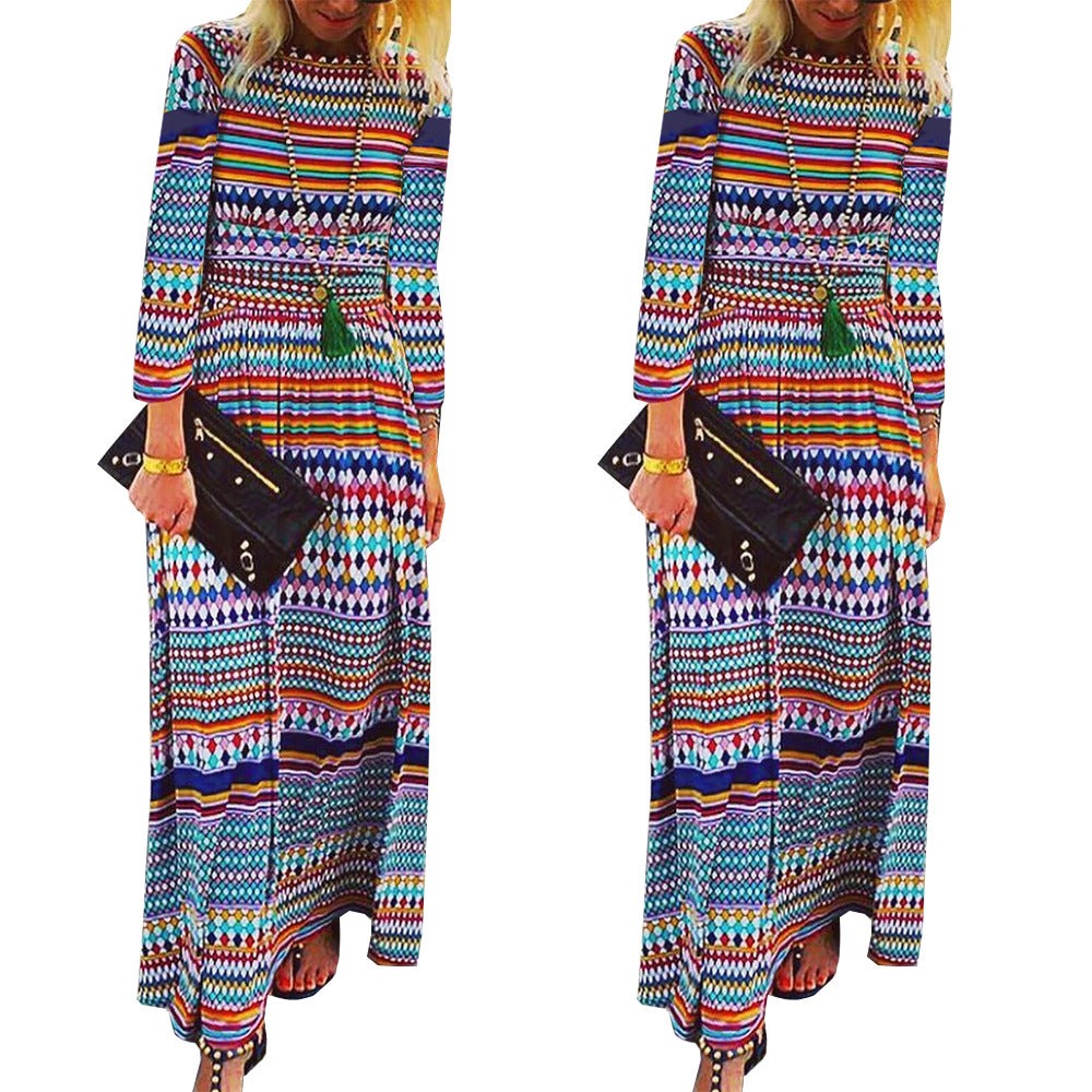 Women Boho Printed Beach Casual Long Sleeve Loose Maxi Dress