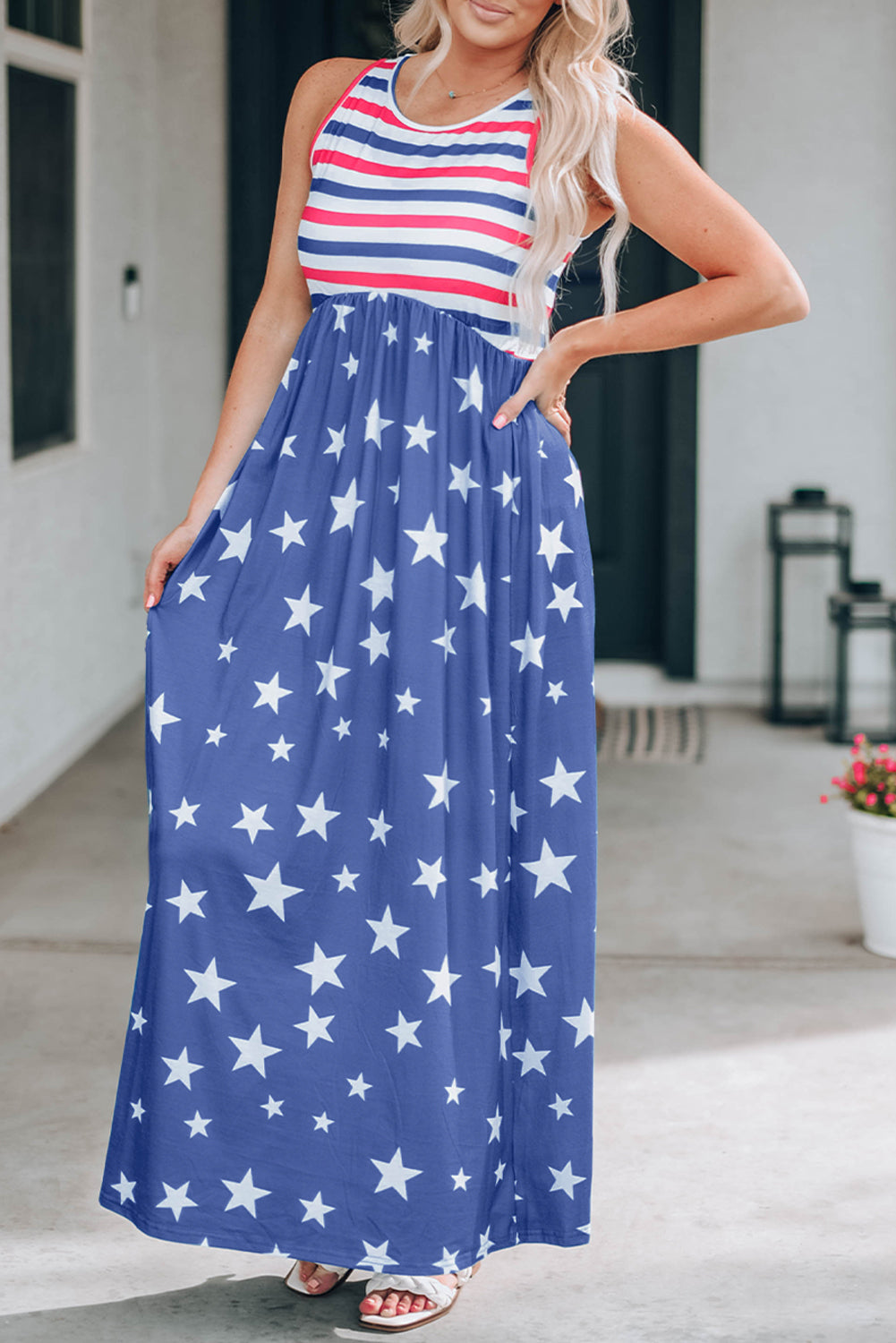Blue Stripes and Stars Sleeveless Maxi Dress with Pockets