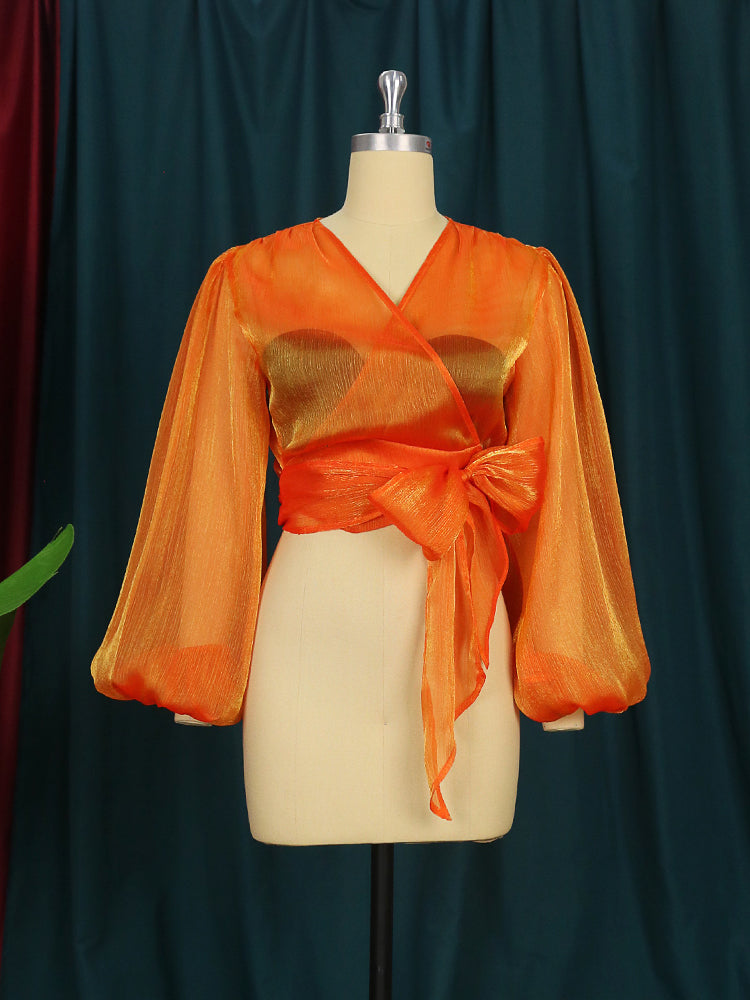 Plus Size Blouses Sexy V Neck Long Lantern Sleeve Shinny Women Short Shirts