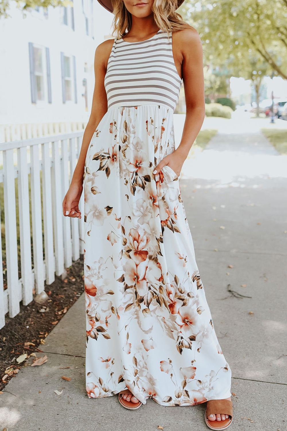 White Striped Floral Print Sleeveless Maxi Dress with Pocket