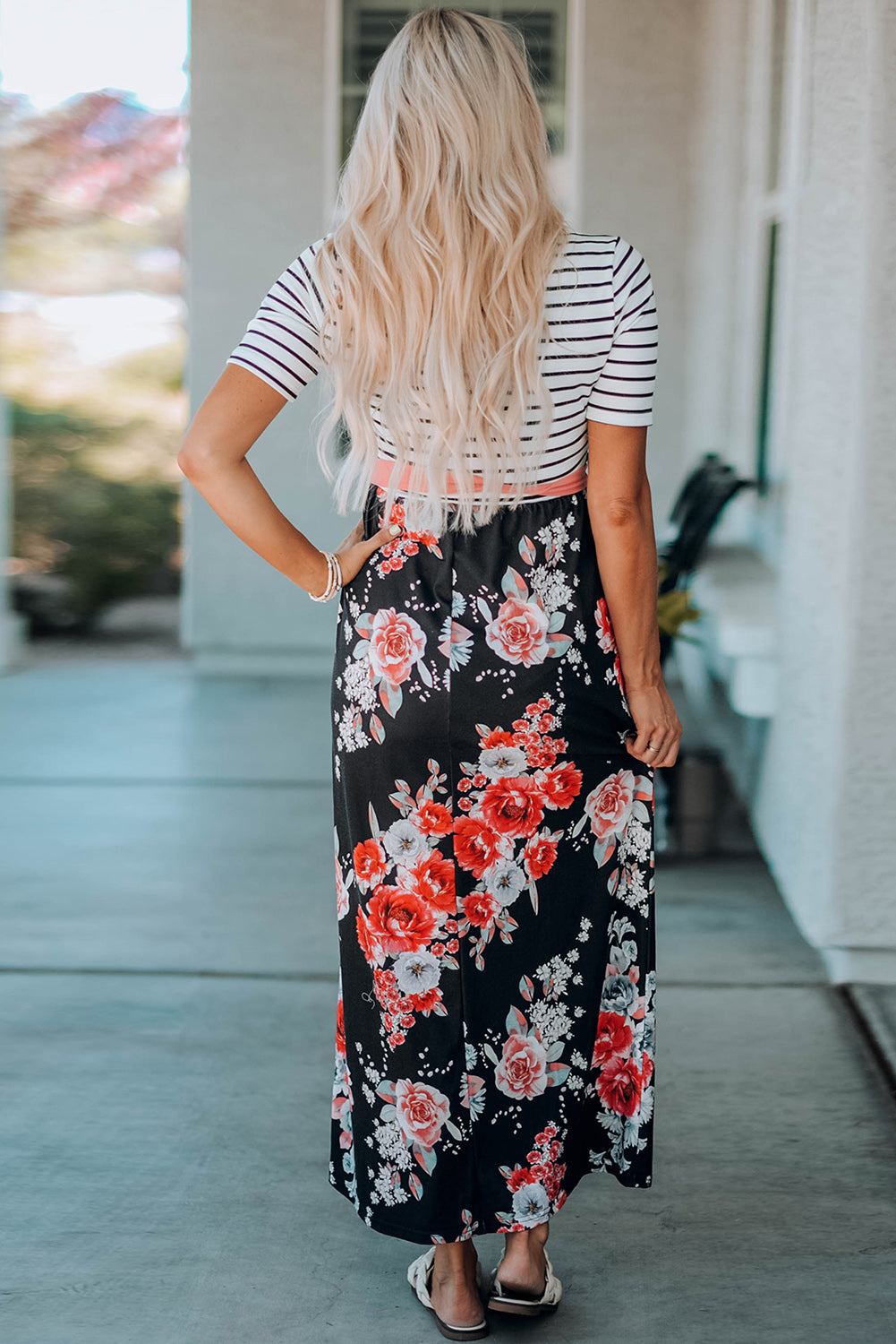 Floral Striped Color Block Lace-up High Waist Maxi Dress