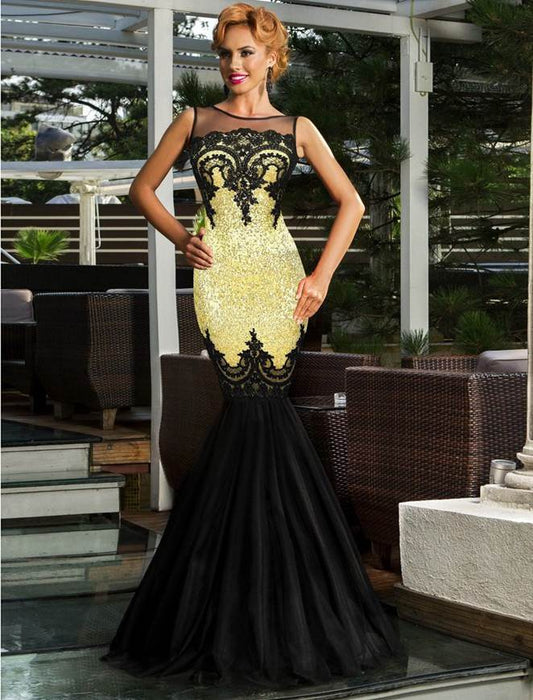 Sequins Appliqués Evening Dress with Mermaid Hem