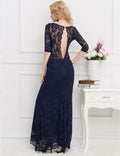 Navy Blue Lace Floral Long Party Dress