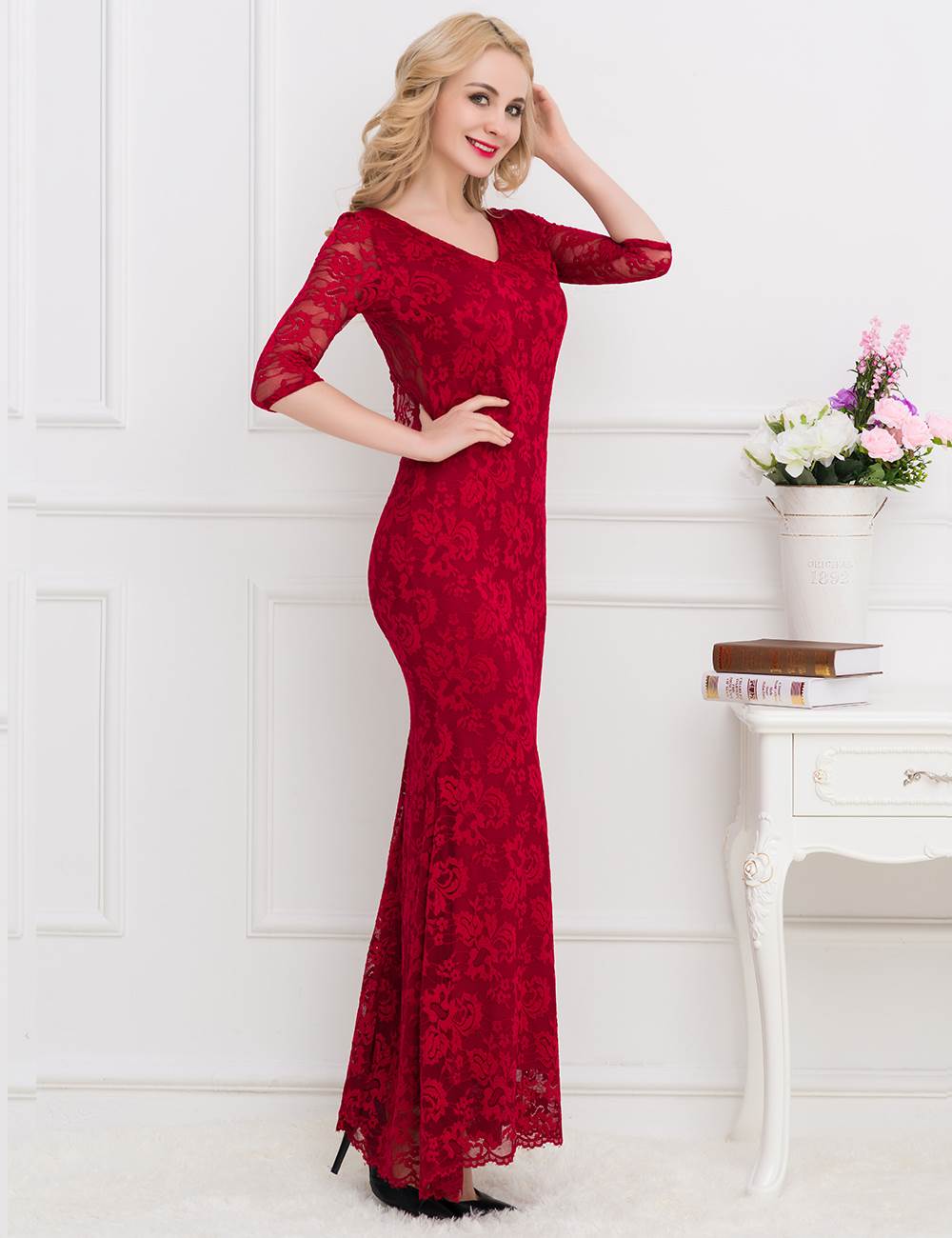 Navy Blue Lace Floral Long Party Dress