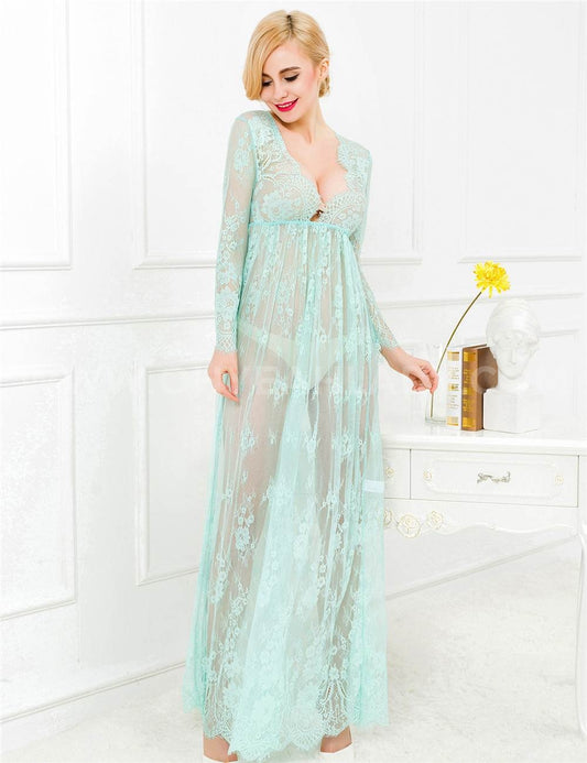 Green and Nude Lace Long Sleeve Maxi Dress