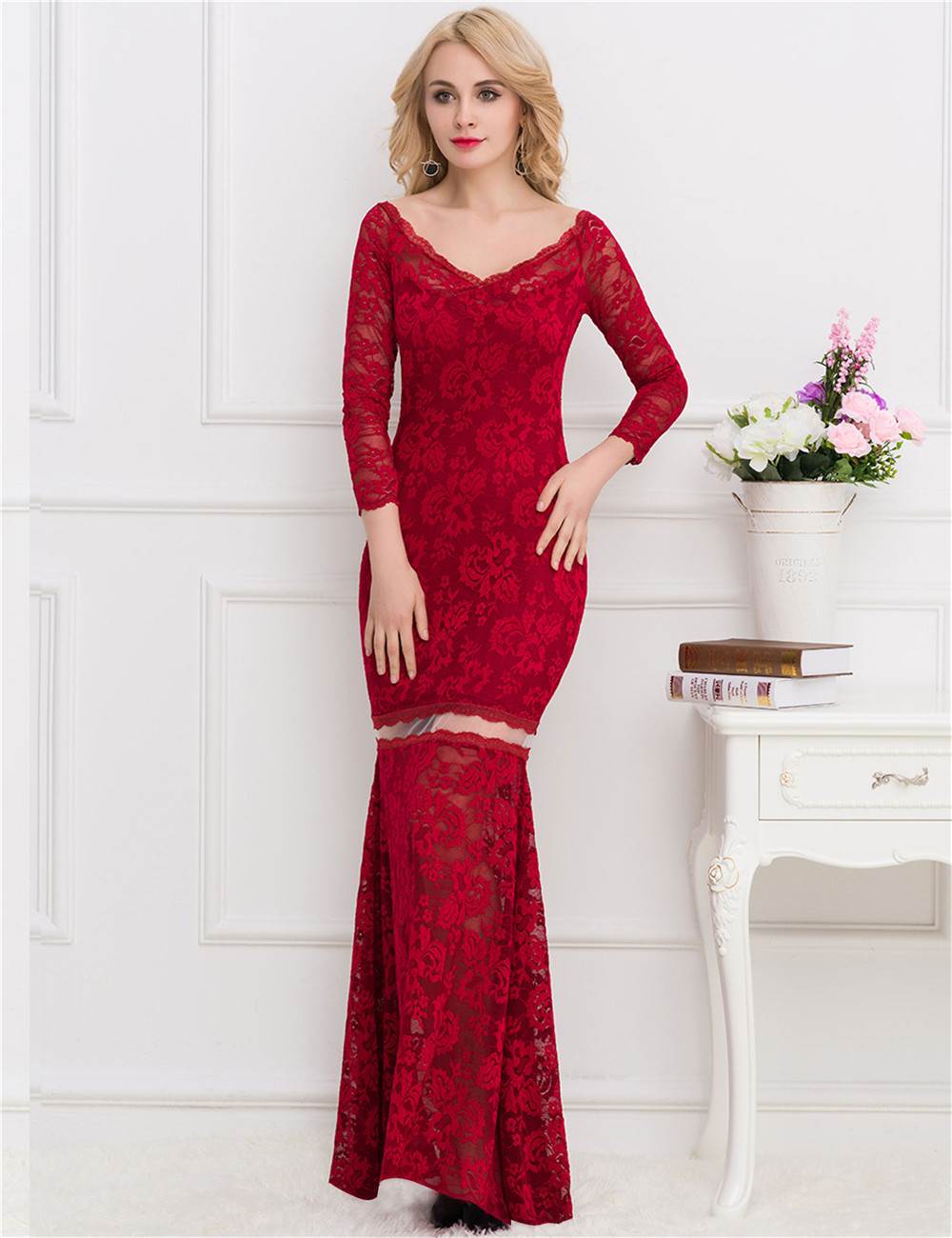 Black Lace Long Maxi Dress with Sleeves