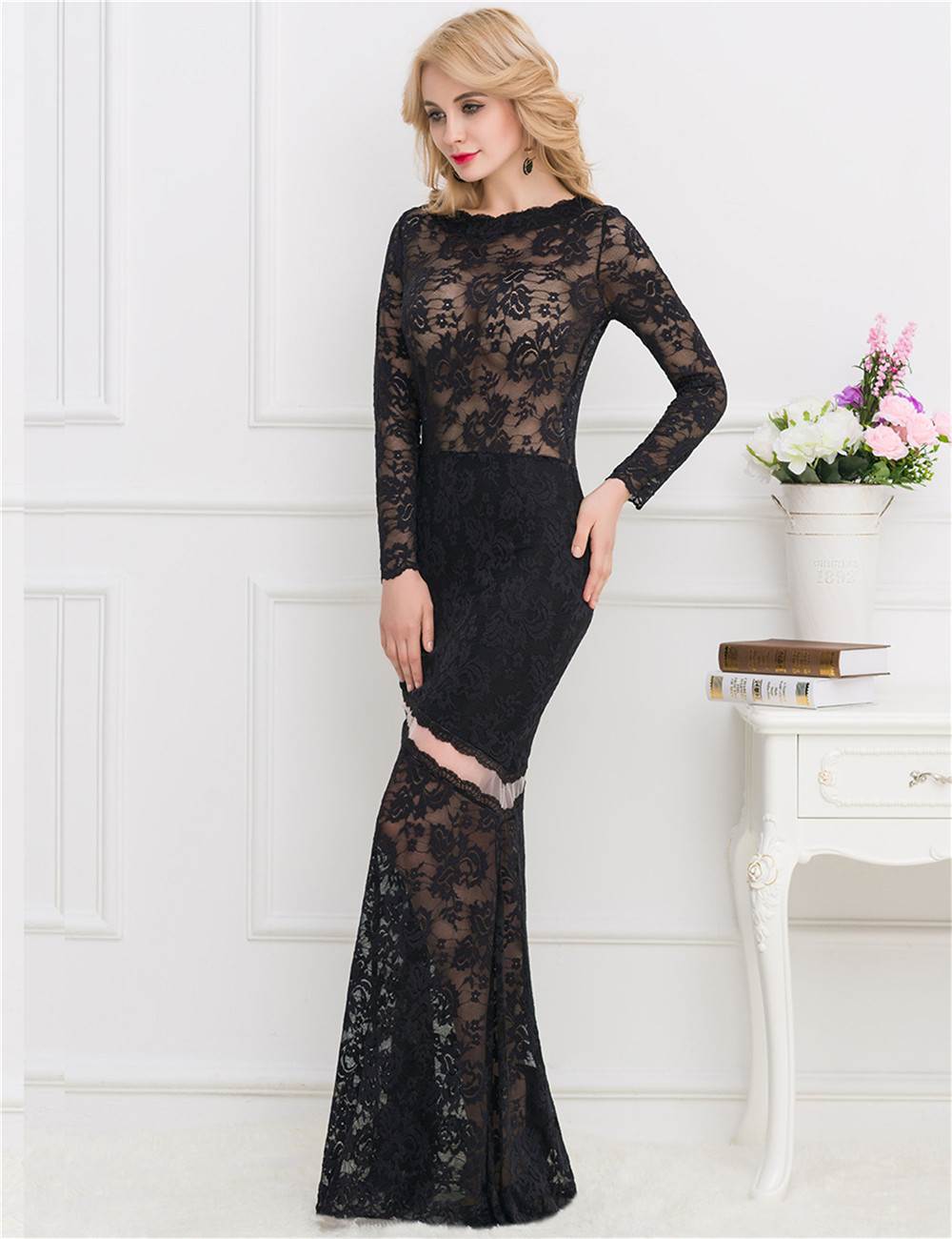 Black Lace Long Sleeve Sheer Maxi Formal Dress