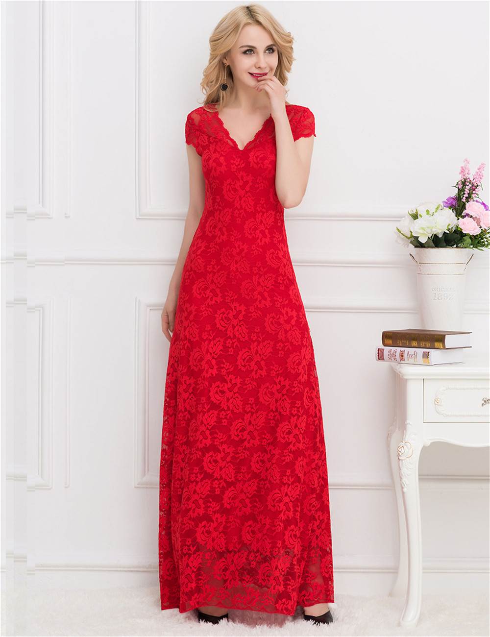 Red Lace Ball Gown Dress for Women