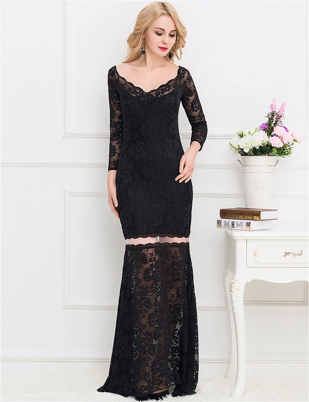 Red Lace Long Maxi Dress with Sleeves