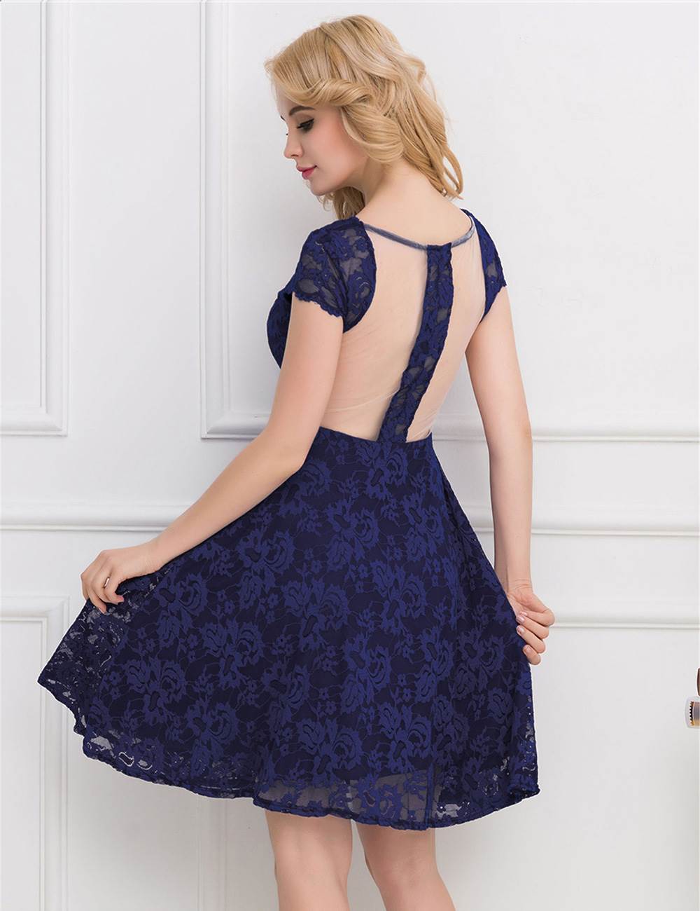 Ocean Blue Round Neck Lace Bodycon Dress