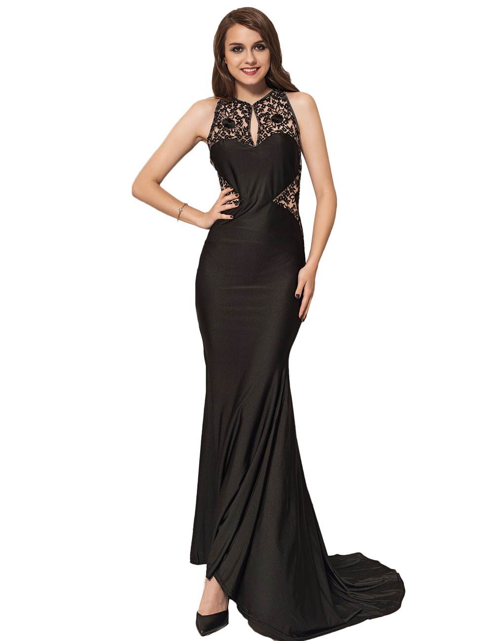 Embroidery High Neck Keyhole Backless Black Party Gown