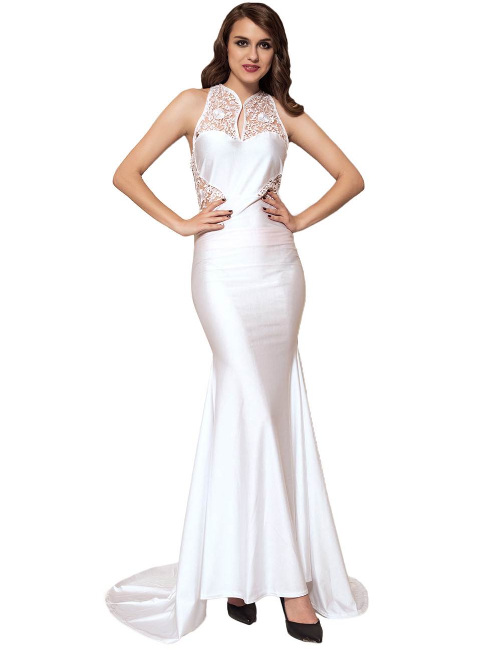 Embroidery High Neck Keyhole Backless Black Party Gown