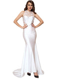 Embroidery Sleeveless High Neck Backless White Party Gown