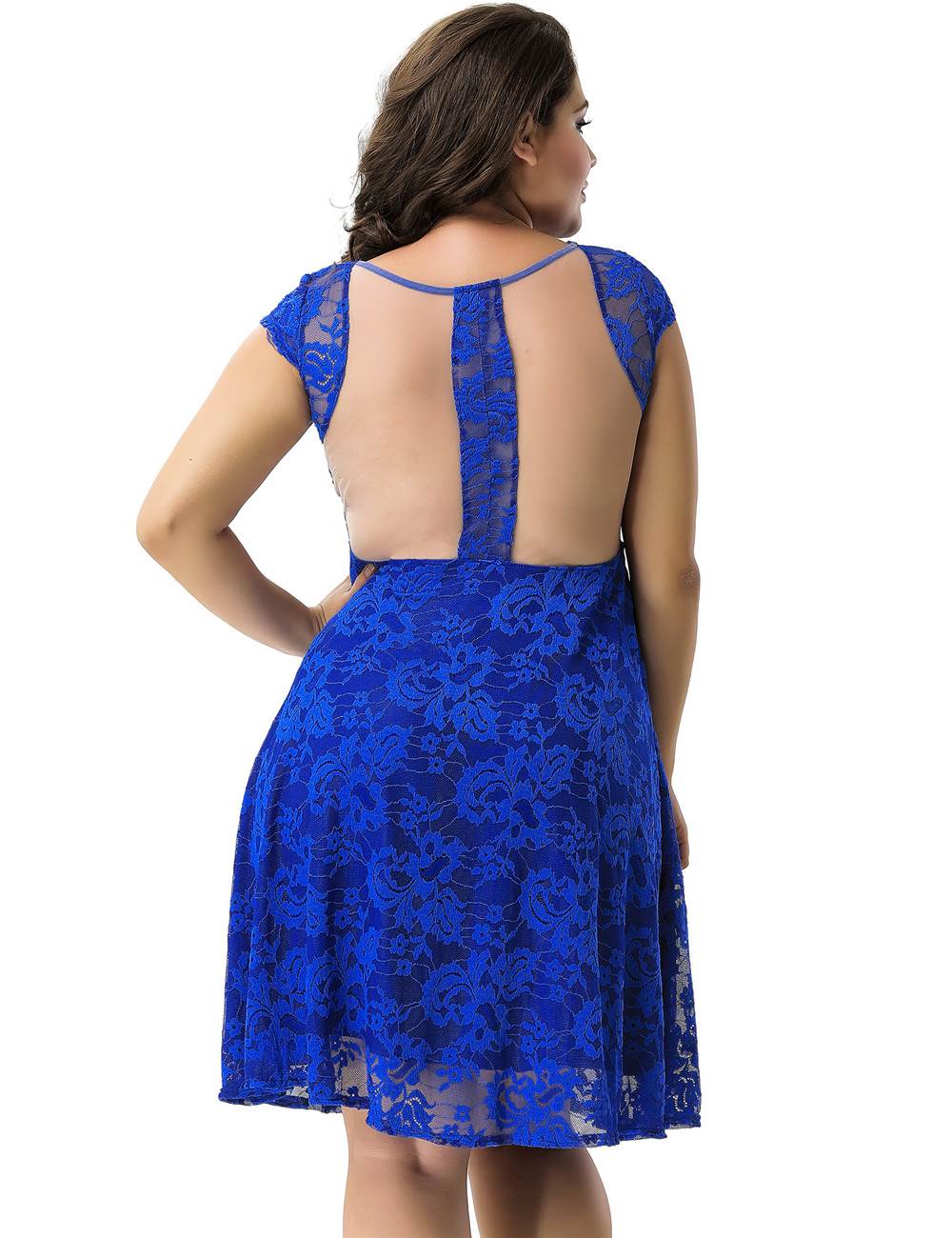 Plus Size Ocean Blue Round Neck Lace Bodycon Dress
