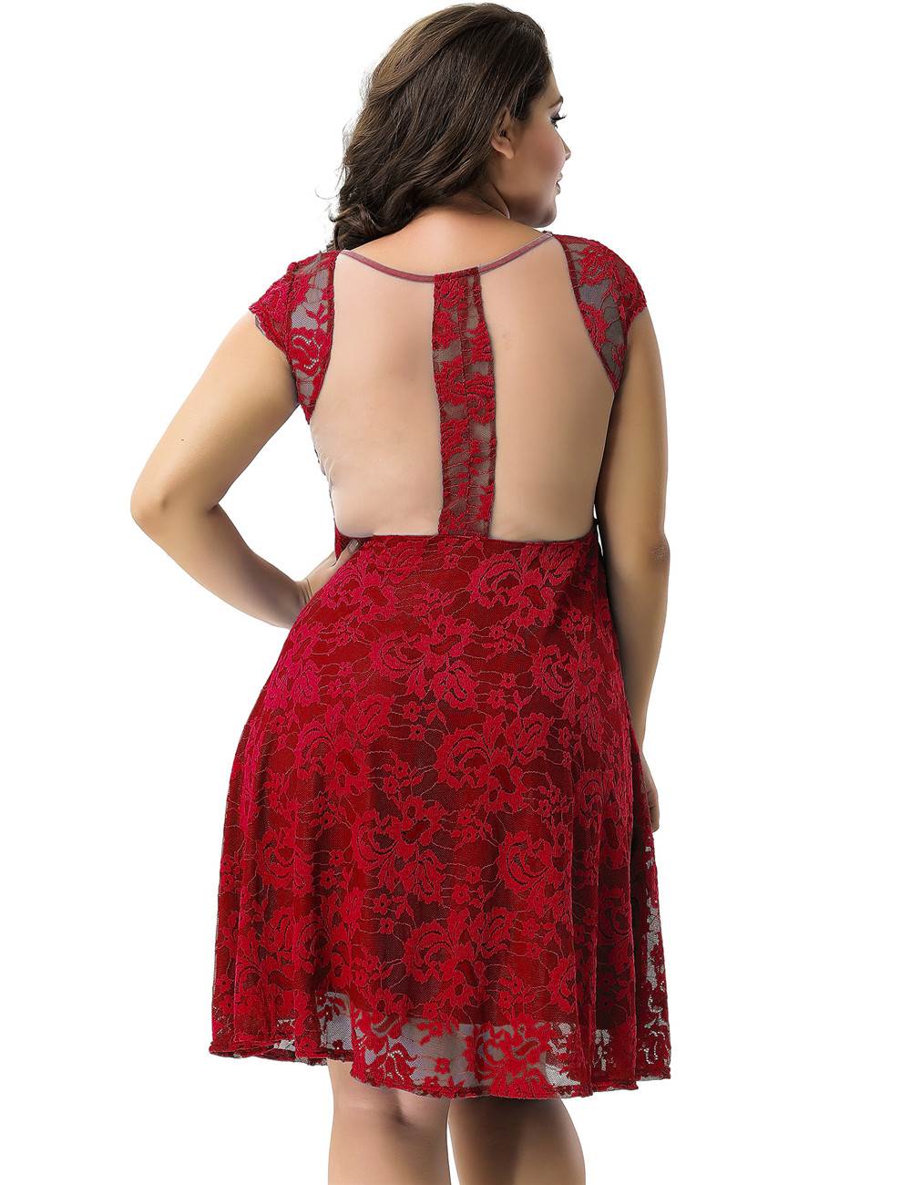 Plus Size Ocean Blue Round Neck Lace Bodycon Dress