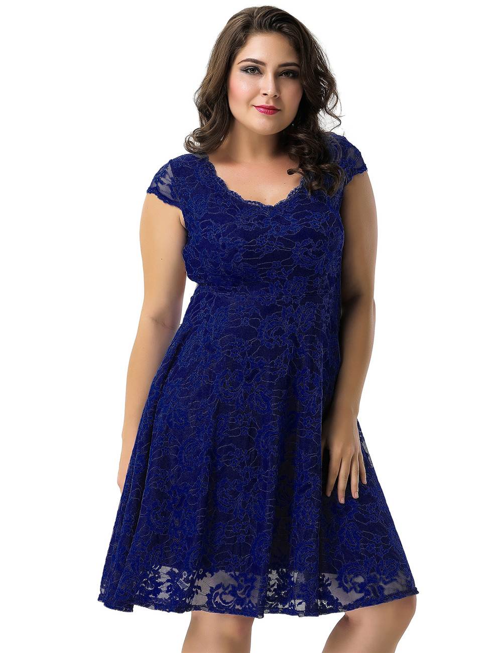 Plus Size Ocean Blue Round Neck Lace Bodycon Dress