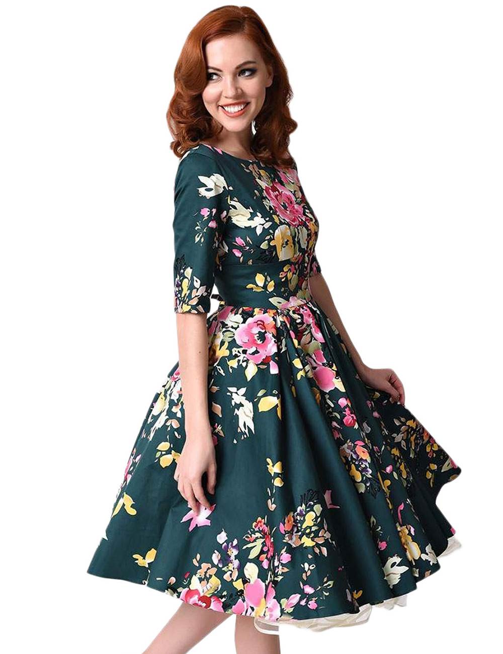 Half Sleeve Black Vintage Style Floral Swing Dress