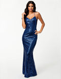 Blue Sequin Backless Evening Dress