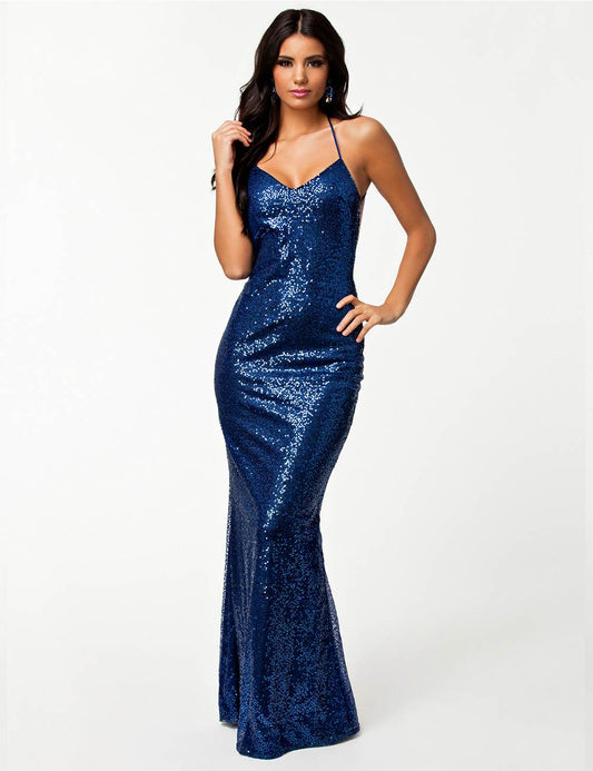 Blue Sequin Backless Evening Dress