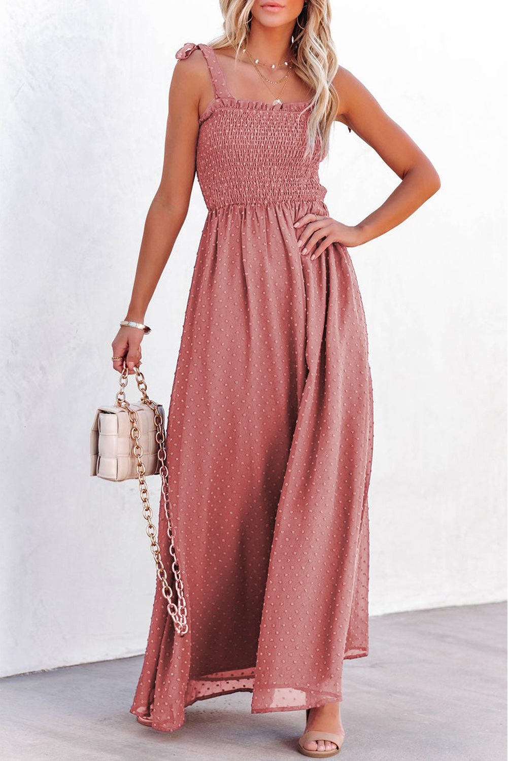 Sky Blue Smocked Swiss Dot Maxi Dress