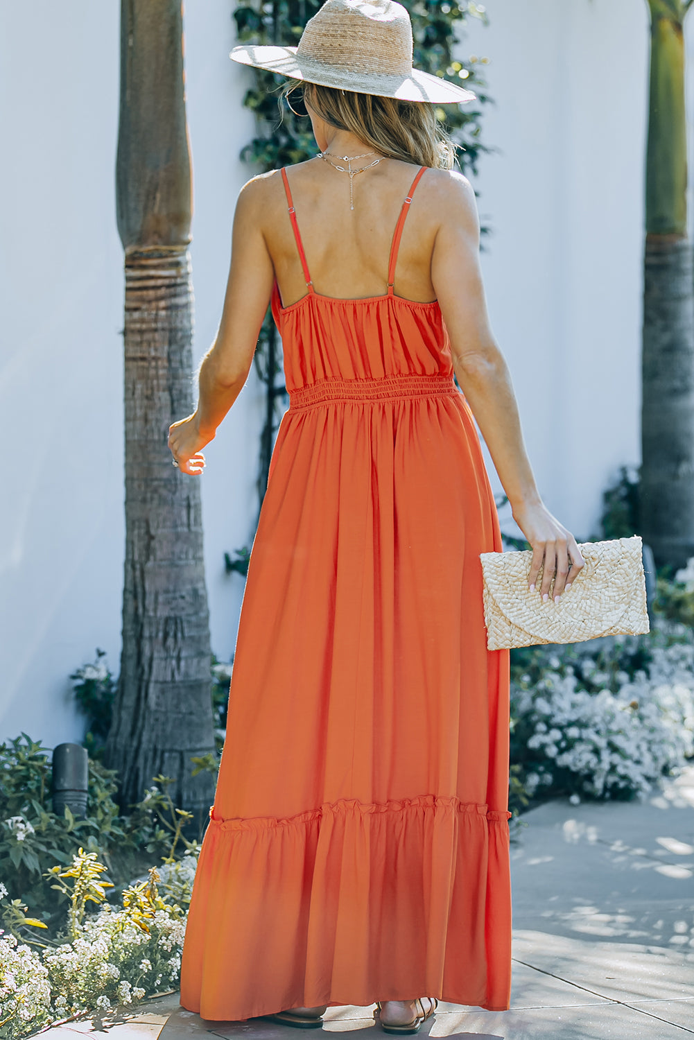 Orange Ruffled Cut-out Spaghetti Strap Sleeveless Long Dress