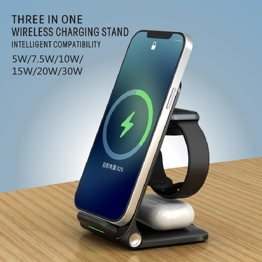 3 in 1 30W Qi Wireless Charging Stand For iPhone Fast Charger Station