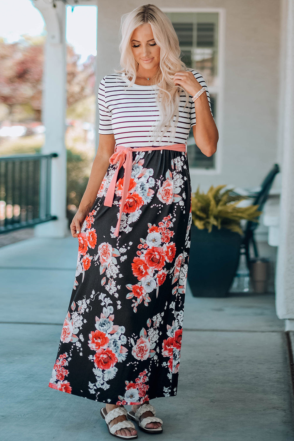 Floral Striped Color Block Lace-up High Waist Maxi Dress