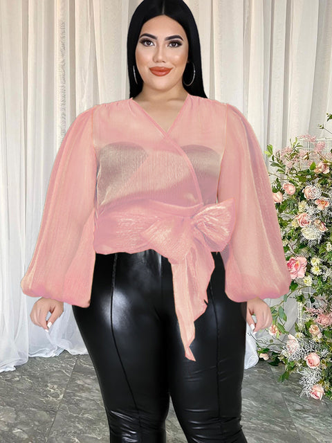 Plus Size Blouses Sexy V Neck Long Lantern Sleeve Shinny Women Short Shirts