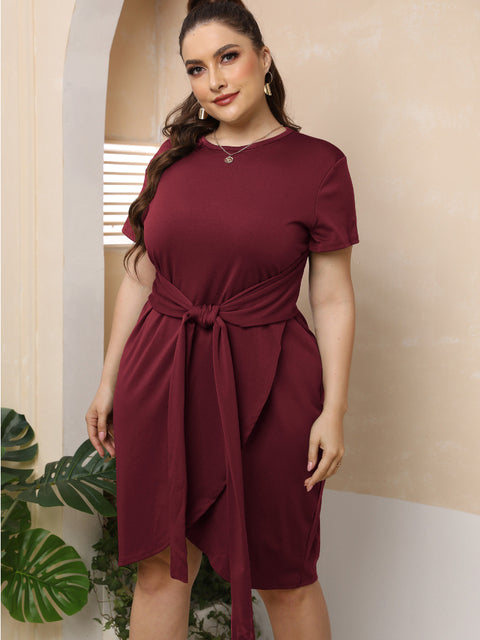 Plus Size Women Short Sleeve O Neck Casual Cross Knee Length Outfits