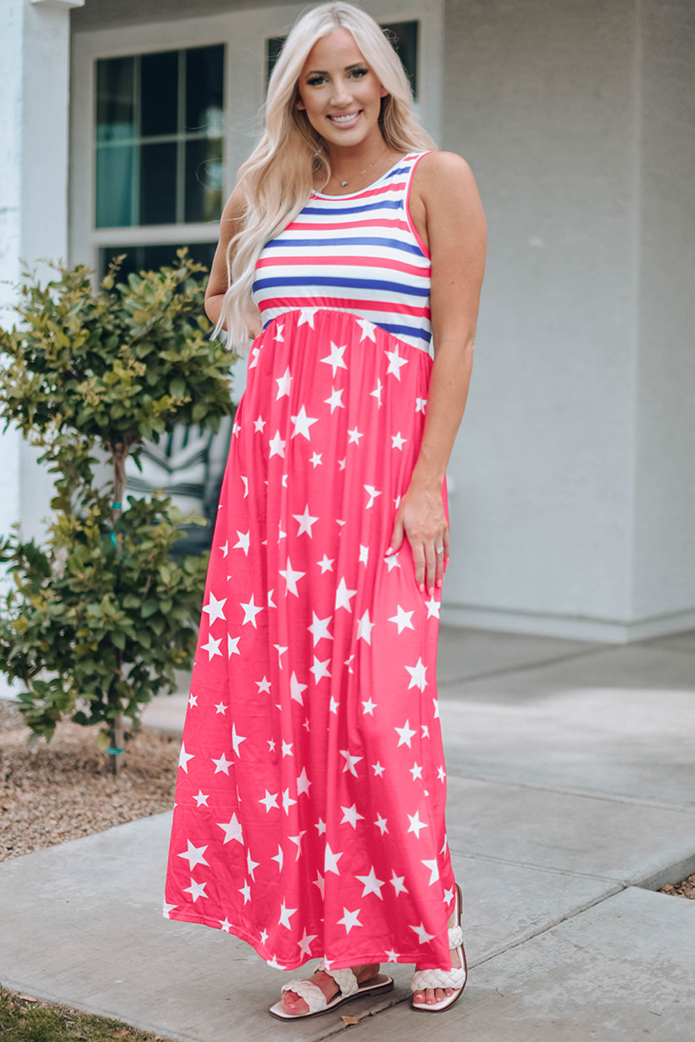 Red Stripes and Stars Sleeveless Maxi Dress with Pockets