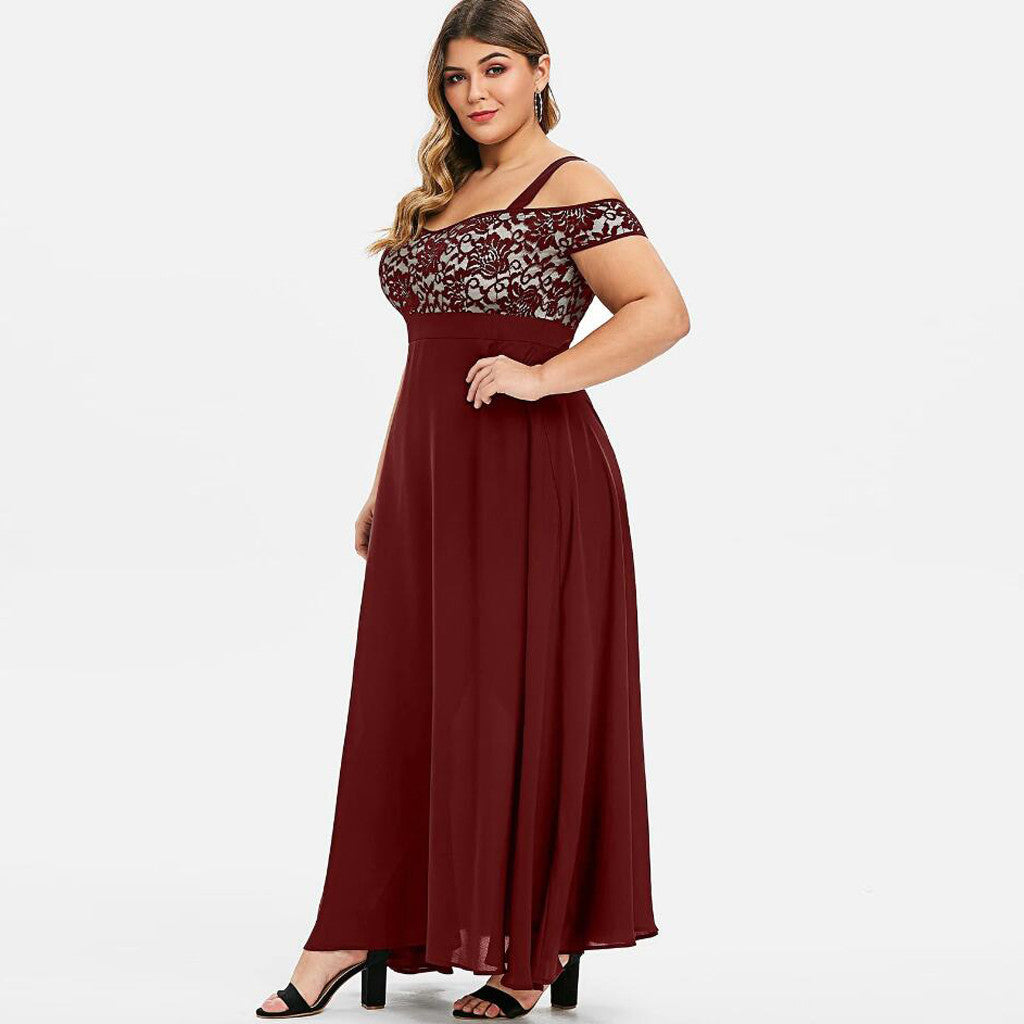 Women Plus Size Cold Shoulder Floral Lace Maxi Party Evening Camis Long Dress