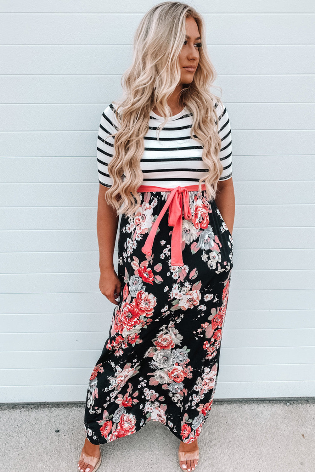 Floral Striped Color Block Lace-up High Waist Maxi Dress