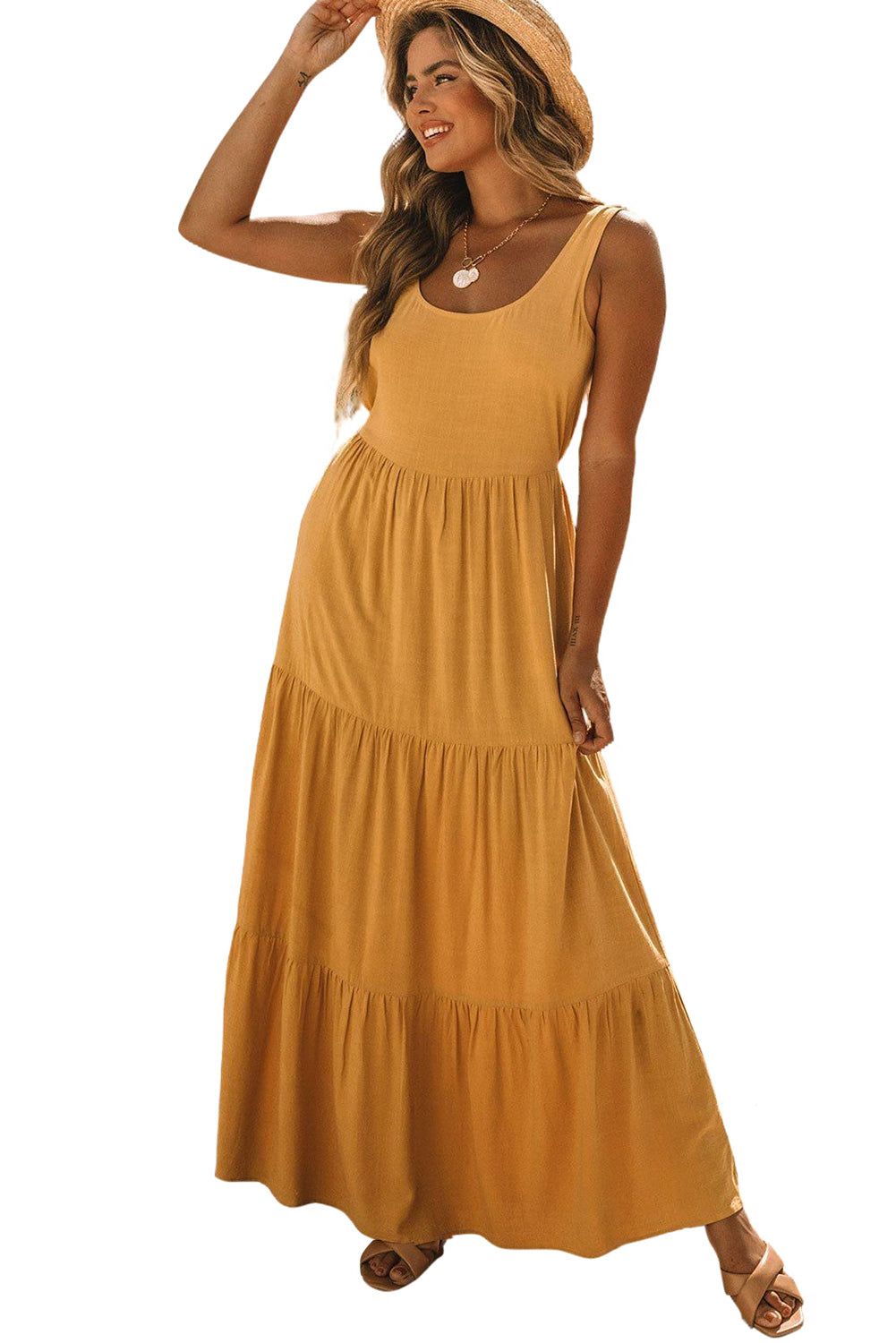 Yellow Sleeveless Ruched High Waist Maxi Dress