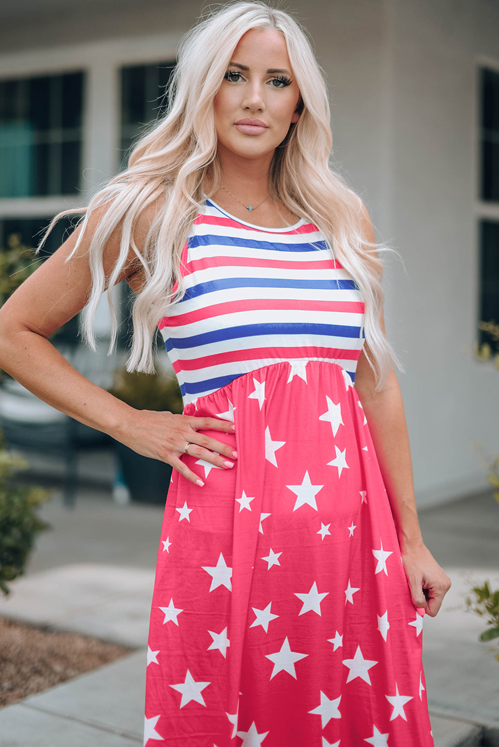 Red Stripes and Stars Sleeveless Maxi Dress with Pockets