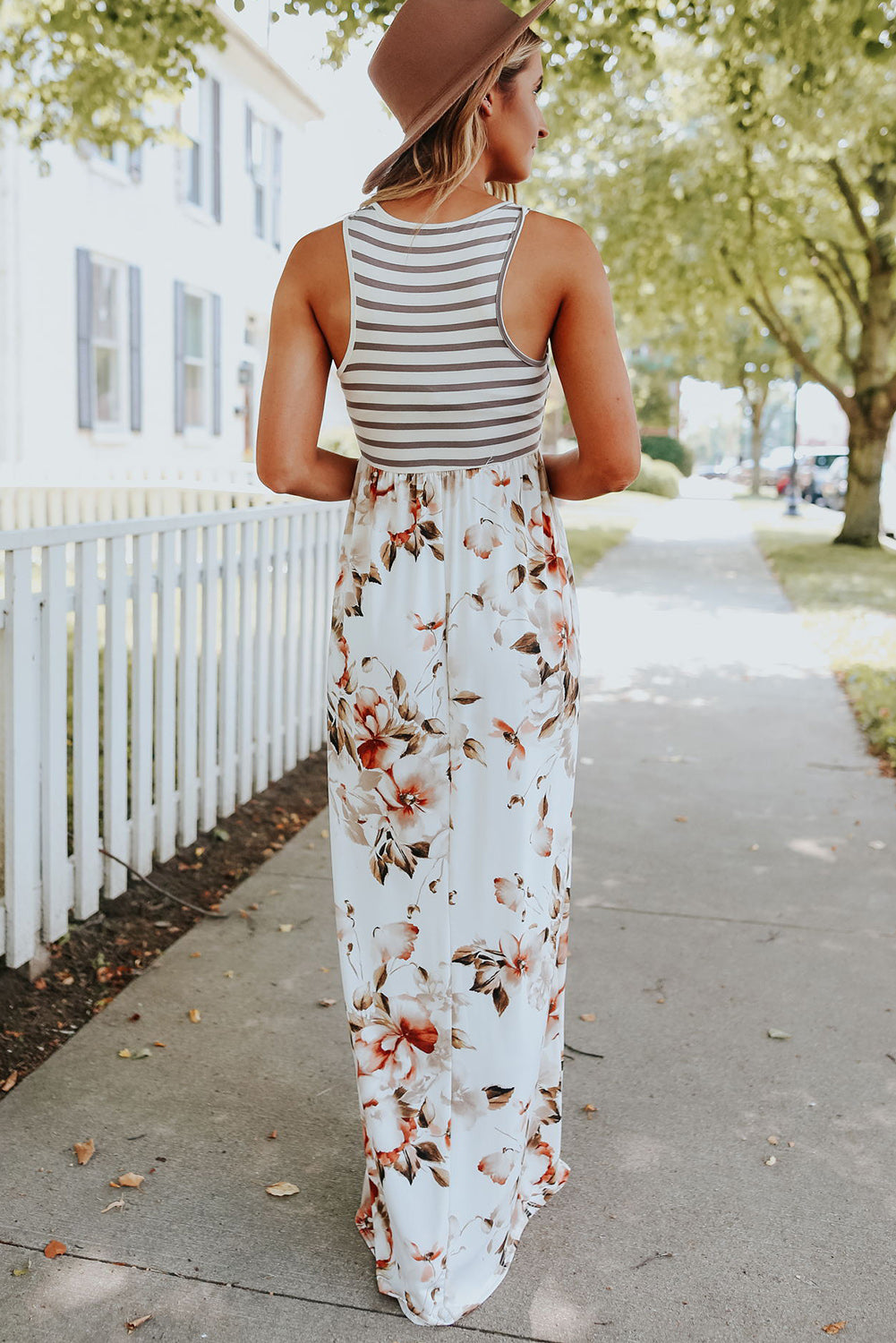 White Striped Floral Print Sleeveless Maxi Dress with Pocket