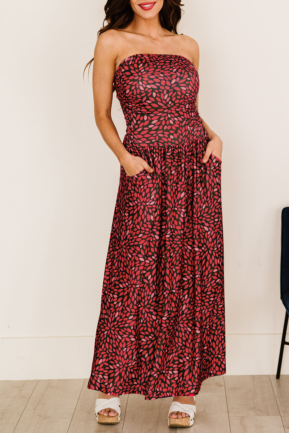 Blue Bohemian Bandeau Floral Print Maxi Dress