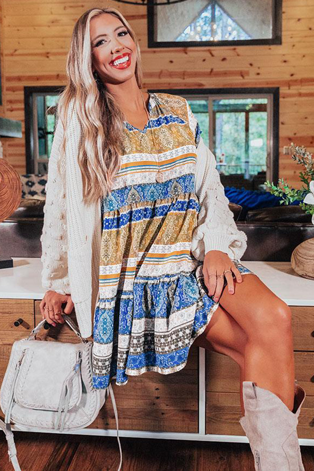 Beige Accent Color Block Bohemian Print Short Sleeve Mini Dress