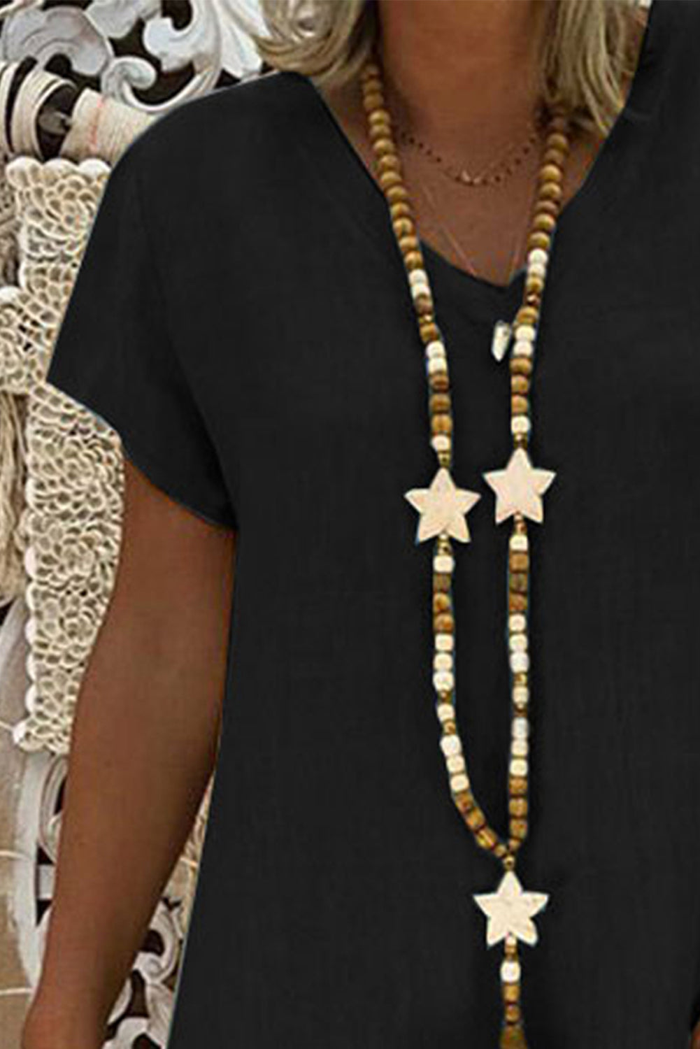 Black V Neck Short Sleeve Hollow-out Hem Midi Dress